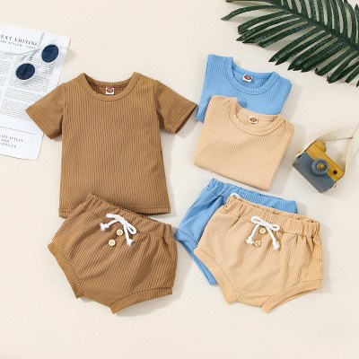 Baby Short Sleeve Solid Colour Top And Single-breasted Short