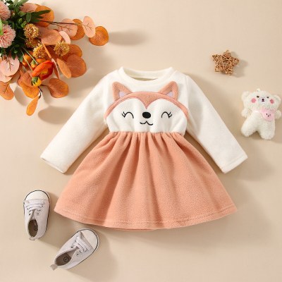 Baby Girl Polar Fleece Color-block Fox Style Patchwork Long Sleeve Dress