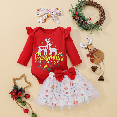 Baby Girl Ruffled Christmas Pattern Long Sleeve Romper & Floral Bowknot Decor Mesh A-line Skirt