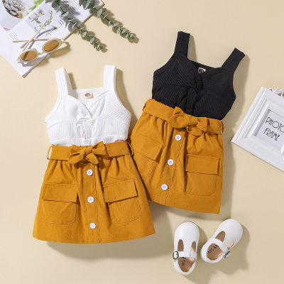 Toddler Girls Solid V-neck Color-block Top & Skirt