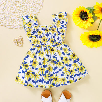 Baby Girl Ruffle-sleeve Smocking Floral Print Dress