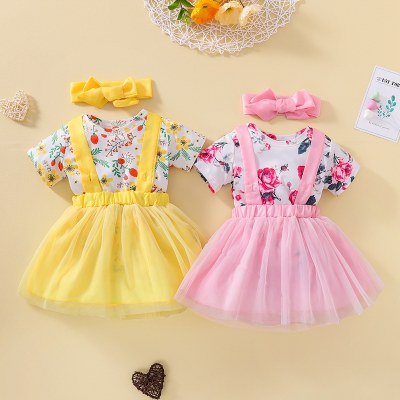 Baby Girl  Sweet Floral Print Bodysuit And Tulle Sling Skirt with Headband
