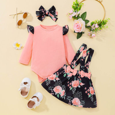 Baby Solid Color Long-sleeve Top & Floral Overalls Dress with Headband
