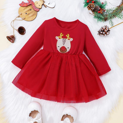 Baby Girl Solid Christmas Animal Embroidered Long Sleeve Dress