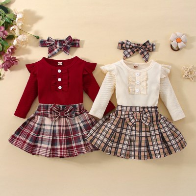 Baby Solid Color Romper & Bowknot Decor Plaid Skirt with Headband