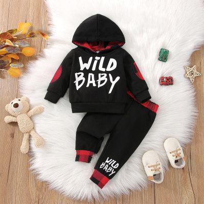 2-piece Baby Boy Plaid Patchwork Letter Printed Hoodie & Matching Pants
