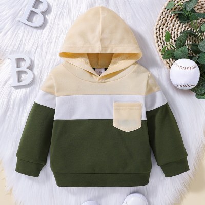 Suéter con capucha y bolsillo delantero con bloque de color para bebé