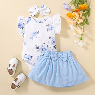 Baby Girl Floral Ruffle-sleeve Bodysuit And Bowknot Solid Colour Skirt With Headband