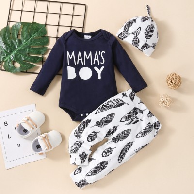 Baby Letter Printed Romper & Feather Printed Pants With Hat