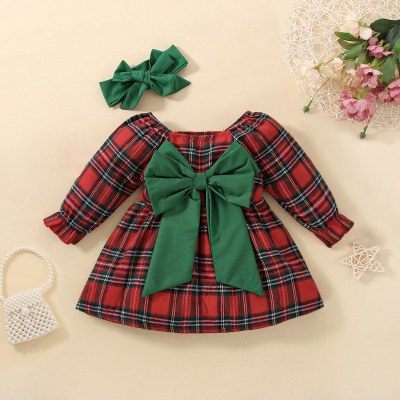 Vestido xadrez de natal para bebê menina com decote quadrado grande laço decoração em linha A