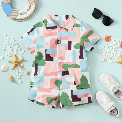 2-piece Toddler Boy Color-block Printed Short Sleeve Shirt & Matching Shorts