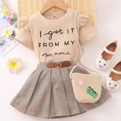 Conjunto de falda y top con bloques de color y letras acanaladas en algodón para niñas pequeñas