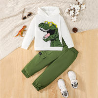 2-piece Toddler Boy Dinosaur Printed Hoodie & Solid Color Pants  White