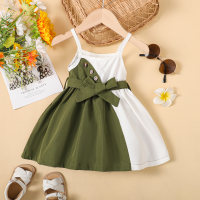 Baby Girl Color-block Patchwork Bowknot Belted Sling Dress  Green