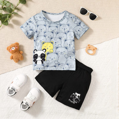 Camiseta de manga curta com estampa de urso infantil de 2 peças e short combinando