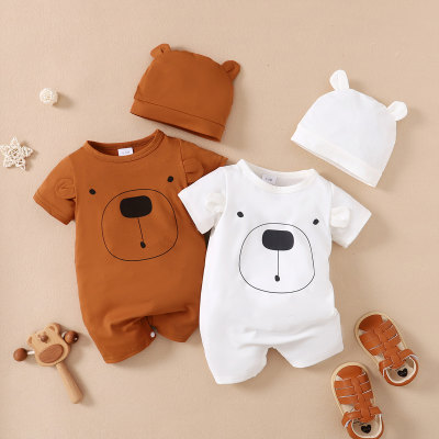 Baby Boy 2 Pieces Short-sleeve Bear Print  Bodysuit with Hat