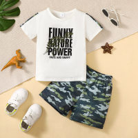 2-piece Toddler Boy Letter Printed Short Sleeve T-shirt & Camouflage Shorts  White