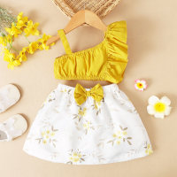 Toddler Girls Cotton Floral Solid Color Open shoulder Top & Skirt  Yellow