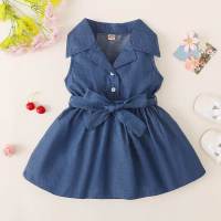 Toddler Girls Shirt Collar Solid Denim Dress  Deep Blue