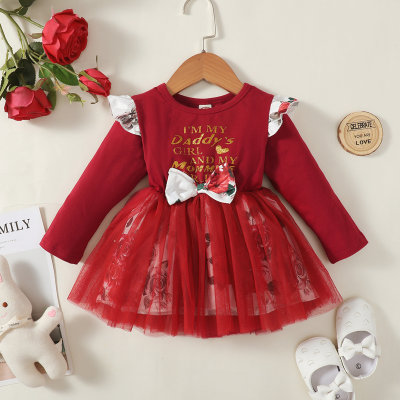 Toddler Solid Color Floral Letter Lace Bowknot Decor Long Sleeve Dress