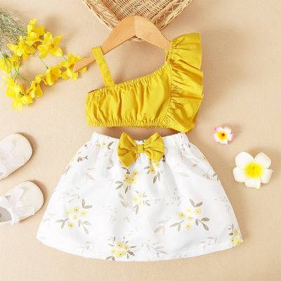 Toddler Girls Cotton Floral Solid Color Open shoulder Top & Skirt