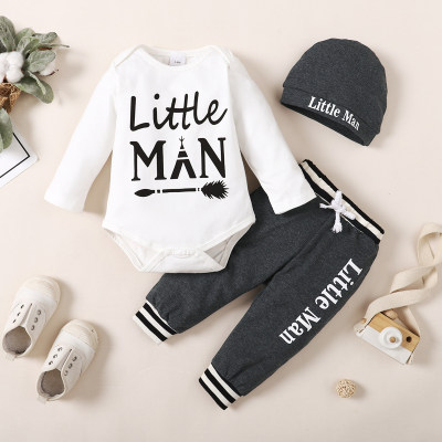 3-piece Baby Boy Letter Printed Long Sleeve Romper & Matching Pants & Infant Hat