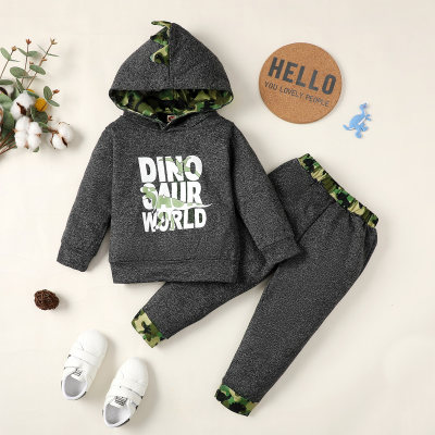 2-piece Toddler Boy Letter and Dinosaur Printed Camouflage Patchwork Hoodie & Matching Pants