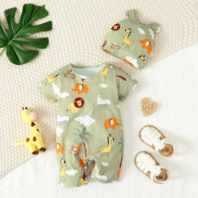 2-piece Baby Boy Allover Animal Printed Short Sleeve Boxer Romper & Infant Hat