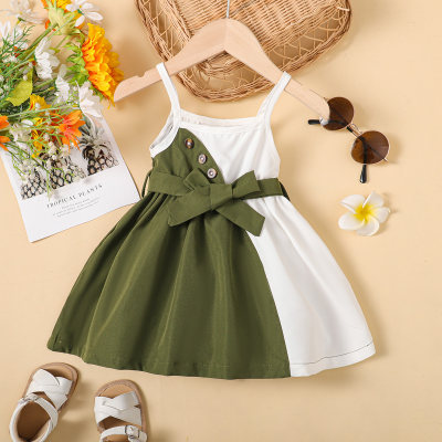 Baby Girl Color-block Patchwork Bowknot Belted Sling Dress