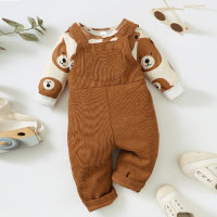2-piece Baby Boy Allover Bear Printed Long Sleeve Top & Solid Color Dungarees  Brown