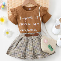 Toddler Girls Ribbed Letter Printed Color-block Top & Skirt  Brown