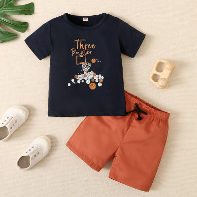 Camiseta y pantalones cortos de baloncesto de dibujos animados de algodón para niños pequeños