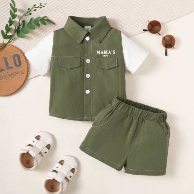 2-piece Baby Boy Pure Cotton Color-block Patchwork Short Sleeve Shirt & Matching Shorts