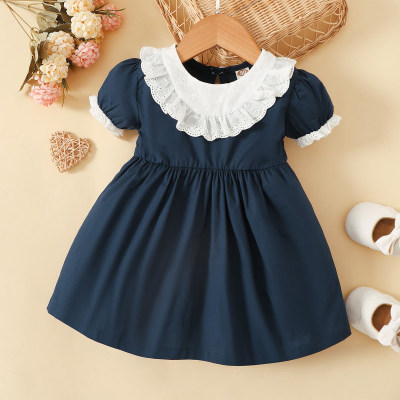 Baby Girl Ruffle-neck Short Sleeve Solid Colour Dress