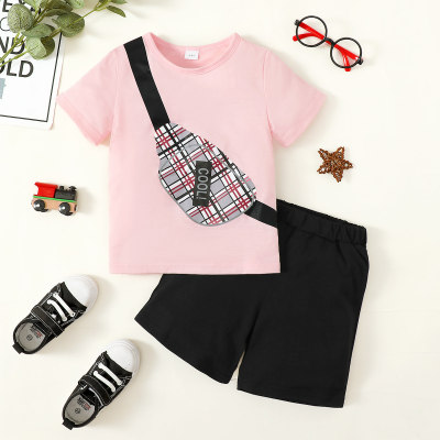 2-piece Toddler Boy Plaid Bag Printed Short Sleeve T-shirt & Solid Color Shorts