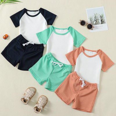 2-piece Baby Color-block Patchwork Short Sleeve T-shirt & Solid Color Shorts