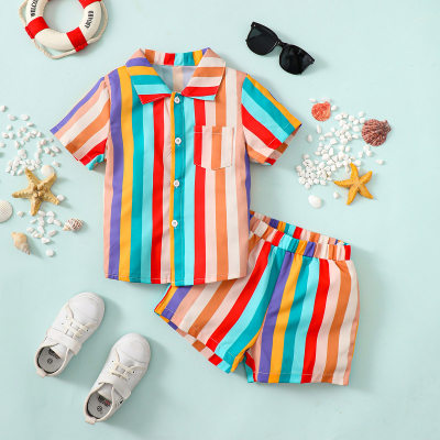 2-piece Toddler Boy Color-block Striped Short Sleeve Shirt & Matching Shorts