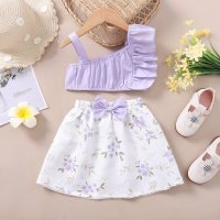 Toddler Girls Cotton Floral Solid Color Open shoulder Top & Skirt  Purple
