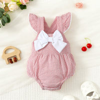 Baby Girl Plaid Bow-knot Decor Sleeveless Triangle Romper  Pink