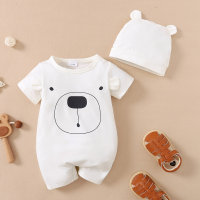 Baby Boy Bear Printed Short-sleeve Bodysuit With Hat  White