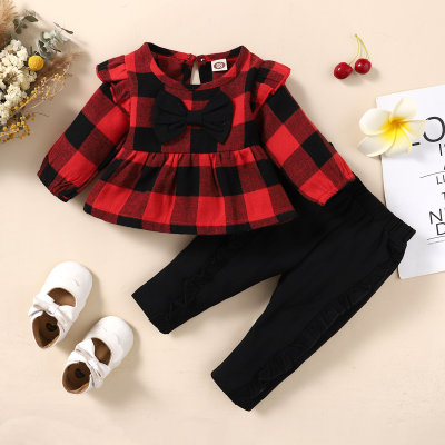 2-piece Baby Girl Plaid Bowknot Decor Long Fly Sleeve Top & Solid Color Pants