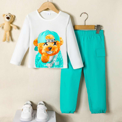 Camiseta infantil de manga comprida com estampa de urso menino de 2 peças e calças de cor sólida
