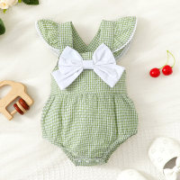 Baby Girl Plaid Bow-knot Decor Sleeveless Triangle Romper  Light Green