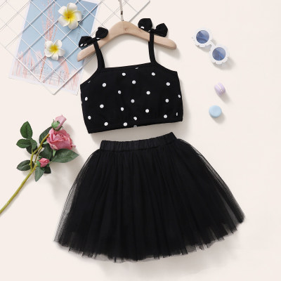 Toddler Girls Polka Dot Solid Mesh Hem Top & Skirt Dress Set