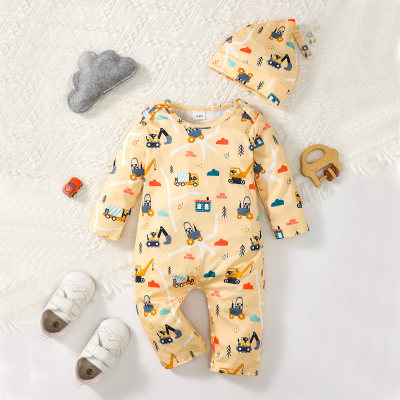 2-piece Baby Boy Allover Vehicle Printed Long-sleeved Long-leg Romper & Infant Hat