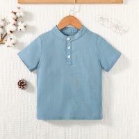 Toddler Boy Pure Cotton Solid Color Short Sleeve Shirt  Blue