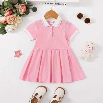 Baby Girl Solid Color Patchwork Pleats Short Sleeve Dress