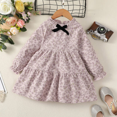 Toddler Floral Bowknot Decor Long Sleeve Dress