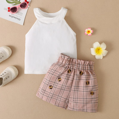 Toddler Girls Round Neck Plaid Solid Top & Shorts