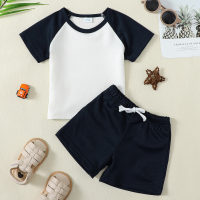 2 peças Baby Color Block Patchwork T-shirt de manga curta e shorts de cor sólida  Azul marinho